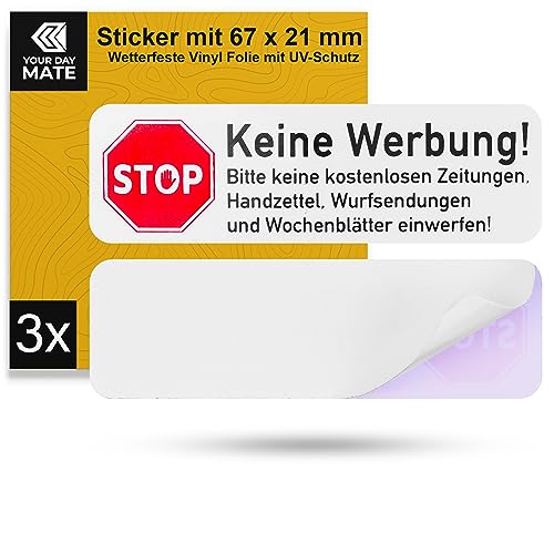 Briefkastenaufkleber "Keine Werbung", 3 Stück, 67 x 21 mm, selbstklebende Folie, Briefkastenschild für Innen- und Außenbereich, Keine Reklame Aufkleber, Schild gegen Werbung, Briefkastenwerbung Stop von Your Day Mate