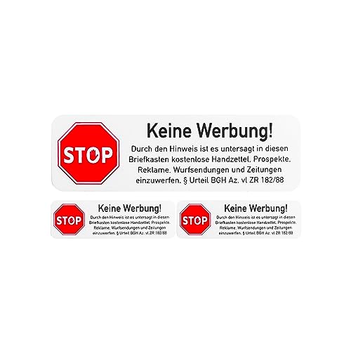 Briefkastenaufkleber "Keine Werbung", 3 Stück, 67 x 21 mm, selbstklebende Folie mit BGH Hinweis, Hinweisschild Sticker für Innen- und Außenbereich, Keine Werbung Aufkleber Tattoo Schild Briefkasten von Your Day Mate