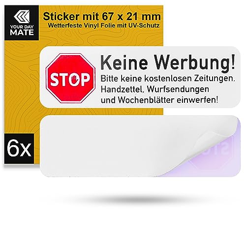 Briefkastenaufkleber "Keine Werbung", 6 Stück, 67 x 21 mm, selbstklebende Folie, Briefkastenschild für Innen- und Außenbereich, Keine Reklame Aufkleber, Schild gegen Werbung, Briefkastenwerbung Stop von Your Day Mate