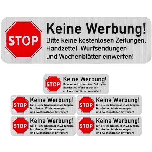 Briefkastenaufkleber "Keine Werbung", 6 Stück, 67 x 21 mm, selbstklebende Folie in Edelstahl Optik, Briefkastenschild für Innen- und Außenbereich, Keine Reklame Aufkleber, Klebeschild gegen Werbung von Your Day Mate