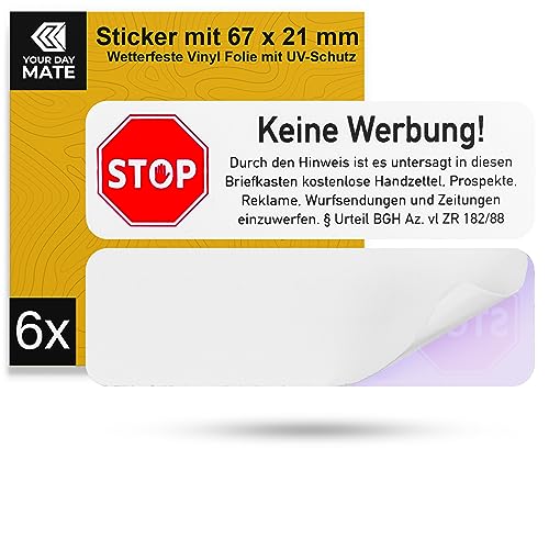 Briefkastenaufkleber "Keine Werbung", 6 Stück, 67 x 21 mm, selbstklebende Folie mit BGH Hinweis, Hinweisschild Sticker für Innen- und Außenbereich, Keine Werbung Aufkleber Tattoo Schild Briefkasten von Your Day Mate