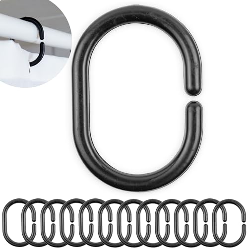 Duschvorhang Ringe, 12 Stück, in Schwarz, Ø 4,6 x 2,9 cm innen, für Duschvorhangstangen, Schwarze Duschringe, aus stabilem Kunststoff, Ring Dusche Duschvorhang, Duschvorhangringe, Duschhaken C-Ring von Your Day Mate