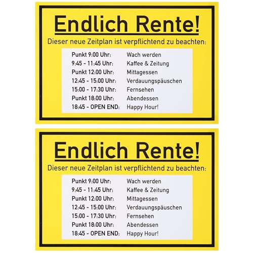 Endlich Rente Schild, 2 Stück, 1 mm PVC, 30 x 20 cm, Scherzartikel für Rentner, Spaßschild mit Tagesplanung nach dem Arbeitsleben, lustiges Hinweisschild für Ruhestand, witziger Spaßartikel Geschenk von Your Day Mate