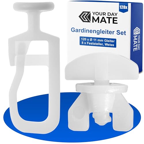 Gardinengleiter für Innenlaufschienen, 128 Stück, mit Ø 11 mm Flachkopf, Set mit 8 Gardinen Feststeller, in Weiß, Faltengleiter für Vorhangschiene, Gardinenschiene, Vorhang Gleiter, Gardine Rollen Gardinengleiter für Innenlaufschienen, 128 Stück, mit Ø 11 mm Flachkopf, Set mit 8 Gardinen Feststeller, in Weiß, Faltengleiter für Vorhangschiene, Gardinenschiene, Vorhang Gleiter, Gardine Rollen von Your Day Mate