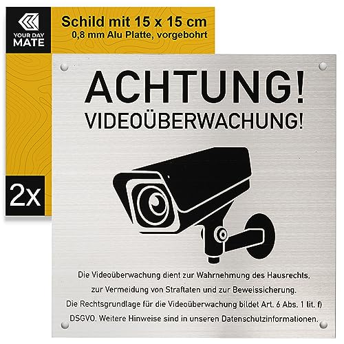 Hinweisschild "Achtung! Videoüberwachung!", 2 Stück, 15 x 15 cm, gebürstetes Aluminium Schild mit Bohrlöchern, Warnschild für Innen- und Außenbereich mit DSGVO Hinweis, Video Kamera Überwachung Schild von Your Day Mate