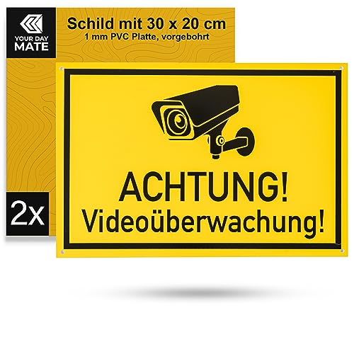 Hinweisschild "Achtung! Videoüberwachung!", 2 Stück, 30 x 20 cm, 1 mm starkes PVC Schild mit Bohrlöchern, Video Überwachung Schilder für Innen- und Außenbereich, Kameraüberwachung Schild Grundstück von Your Day Mate