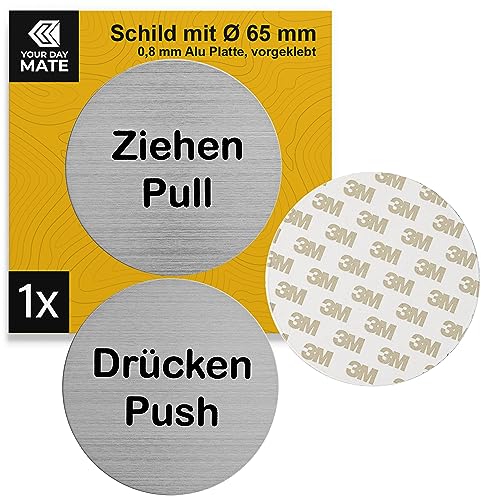 Hinweisschild "Drücken Ziehen Push Pull", 1 Paar, Ø 65 mm, Design 1, 1,5 mm starkes Alu Schild, Schild zum Kleben, Türschild für Innen- und Außenbereich, Glastürschild selbstklebend, Push Pull Sign von Your Day Mate