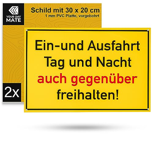 Hinweisschild "Ein- und Ausfahrt auch gegenüber freihalten!", 2 Stück, 30 x 20 cm, 1 mm starkes PVC Schilder mit Bohrlöchern, Parken hier verboten für Innen- und Außenbereich, Parkverbot Warnhinweis von Your Day Mate