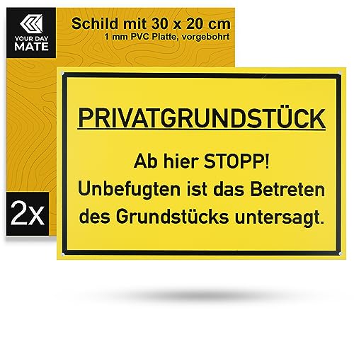 Hinweisschild "PRIVATGRUNDSTÜCK - Ab hier STOPP!", 2 Stück, 30 x 20 cm, 1 mm starkes PVC Schild mit Bohrlöchern, Schild Grundstück betreten untersagt, Achtung Unbefugte hier verboten Warnhinweis von Your Day Mate