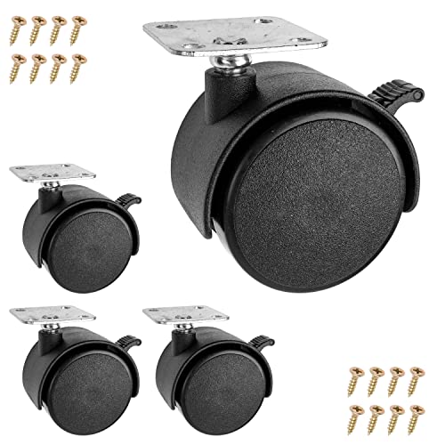 Möbelrollen Set, 4 Stück, in Schwarz, Ø 50 mm Rolle, 64 mm Gesamthöhe, 38 x 38 mm Anschraubplatte mit 360° Rotation, Lenkrollen zum Anschrauben, 30 kg Tragkraft je Doppelrolle, Laufrolle mit Bremse von Your Day Mate