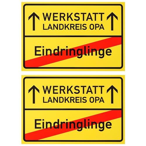 Ortsschild mit "WERKSTATT LANDKREIS OPA", 2 Stück, 1 mm PVC, 30 x 20 cm, Scherzartikel für Großvater Werkstatt, Schild gegen Eindringlinge, Hinweisschild Geburtstag, Geburtstagsschild Großeltern von Your Day Mate