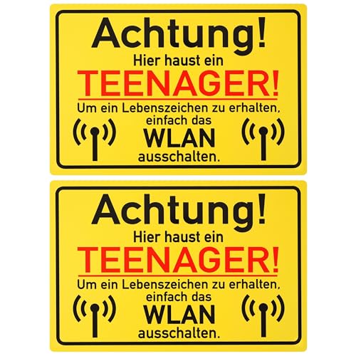 Schild mit "Achtung! Hier haust ein TEENAGER!", 2 Stück, 1 mm PVC, 30 x 20 cm, Scherzartikel für Jugendliche, Spaßschild mit WLAN ausschalten, lustiges Hinweisschild für Pubertät, witziger Spaßartikel von Your Day Mate