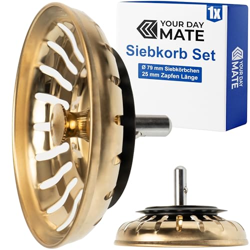 Spülbecken Siebkörbchen, 1 Pack, Ø 79 mm Siebkorb, in Gold, Korb Zapfen ragt 25 mm tief in den Abfluss, Ø 7,8 mm Zapfen Stift, Ersatzteil für Küchenspülen, Küchenabflusssieb, Siebkorbventil Spüle von Your Day Mate