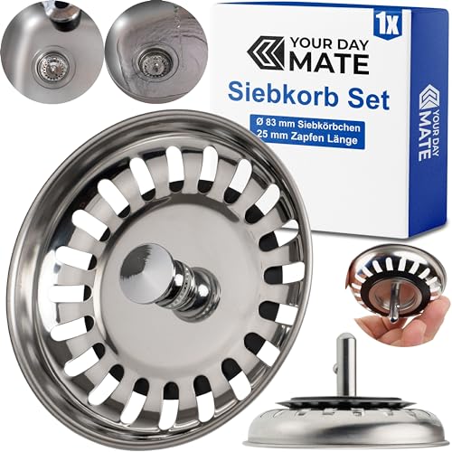 Spülbecken Siebkörbchen, 1 Pack, Ø 83 mm Siebkorb, in Edelstahl, Korb Zapfen ragt 25 mm tief in den Abfluss, Ø 7,8 mm Pin Stift, Ersatzteil für Küchenspülen, Küchenabflusssieb, Siebkorbventil Spüle von Your Day Mate