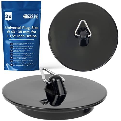 Universal Stöpsel, 2 Stück, in Schwarz, Ø 43 auf 39 mm Oberseite auf Unterseite, PVC Ablauf Stopfen für 1 1/2" Zoll Ventiloberteile, Ø 51 mm Blende, Ablaufstöpsel Duschwanne, Spülbecken Stopfen von Your Day Mate