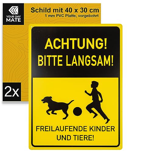 Warnschild "ACHTUNG! BITTE LANGSAM! FREILAUFENDE KINDER UND TIERE!", 2 Stück, 40 x 30 cm, 1 mm starkes PVC Schild mit Bohrlöchern, Hinweisschild Spielstraße, Achtung Kinder Schilder, Autofahrer Sign Warnschild "ACHTUNG! BITTE LANGSAM! FREILAUFENDE KINDER UND TIERE!", 2 Stück, 40 x 30 cm, 1 mm starkes PVC Schild mit Bohrlöchern, Hinweisschild Spielstraße, Achtung Kinder Schilder, Autofahrer Sign von Your Day Mate