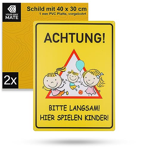 Warnschild "ACHTUNG! BITTE LANGSAM! HIER SPIELEN KINDER!", 2 Stück, 40 x 30 cm, 1 mm starkes PVC Schild mit Bohrlöchern, Hinweisschild Spielstraße, Achtung spielende Kinder langsam fahren Schild von Your Day Mate