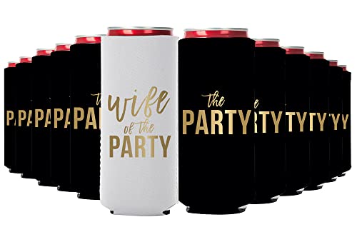 Wife of the Party and The Party, Bachelorette Party Can Coolers, Set of 12 Beer Can Coolies, Perfect Bachelorette Party Decorations and Bridesmaid Gifts (Black, Slim) von Your Dream Party Shop