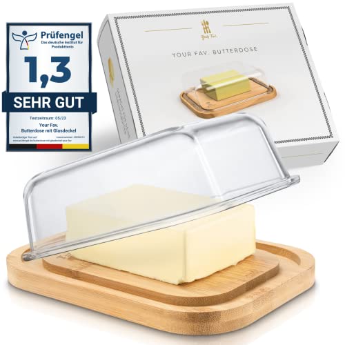 Butterdose Bambus - [DER TESTSIEGER] - Butterdose mit Glasdeckel - Premium Butter Glas aus hochwertigem Bambusboden - Butterdose Tief für 250g Butter - Butterdose Glas mit Deckel - Butter Dish von Your Fav .