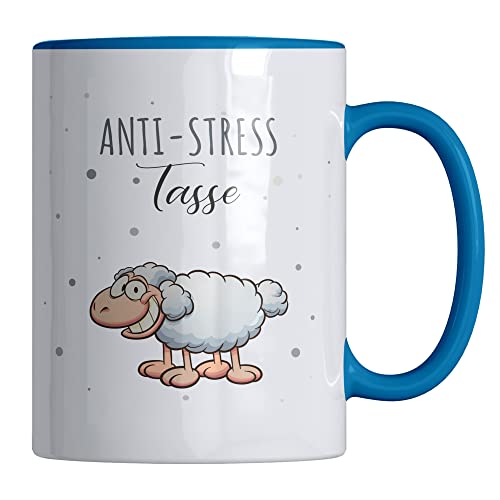 Your Gravur - Kaffeetasse mit Spruch - ANTI-STRESS-TASSE - Schafmotiv - Lustige Tassen - Kaffee Tasse in verschiedenen Farben - Tasse mit Spruch für Arbeitskollegen - Teetasse mit Witz – Blau von Your Gravur