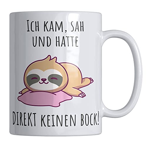 Your Gravur - Tasse mit Spruch - ICH KAM, SAH UND HATTE DIREKT KEINEN BOCK! - Lustige Tassen - Faultier Tasse in verschiedenen Farben - Anti Stress Tasse als Geschenkidee - Weiß von Your Gravur