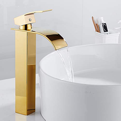 Badarmatur für Waschbecken mit Wasserfall, Mischbatterie für Waschbecken, hohe Armatur aus Messing (Gold) von Your's Bath