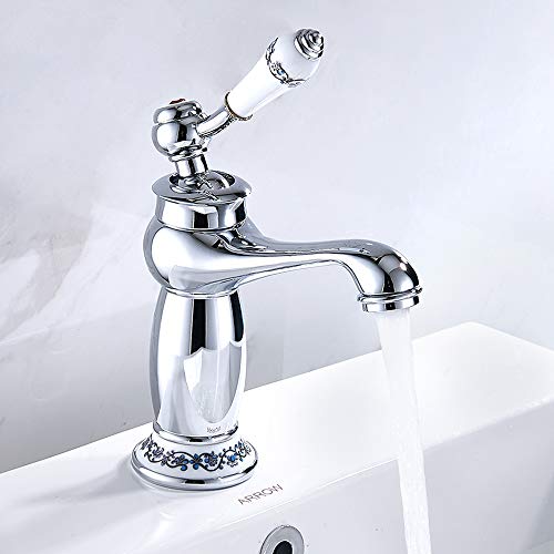 Waschtischarmatur und Bidet Waschbecken Wasserhahn Vintage Bad aus verchromtem Messing Einhebel Wasserhahn aus Blumenkeramik Elegant (niedrig, Silber) von Your's Bath