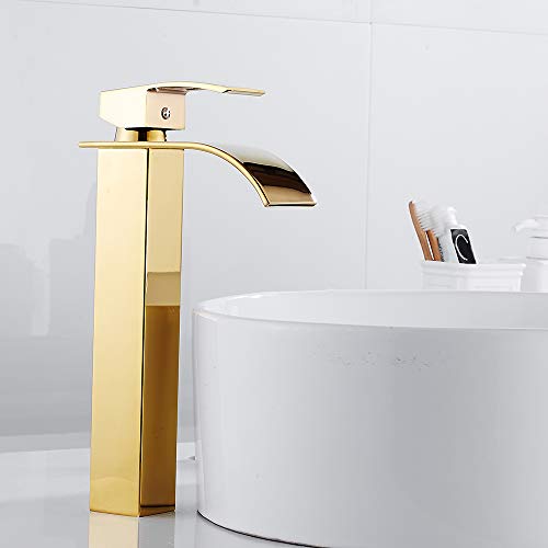 Your's Bath Wasserfallhahn, Gold, Messing mit Chrom Finish, Wassersparsystem, Badezimmer, Einloch, Bodenmontage von Your's Bath