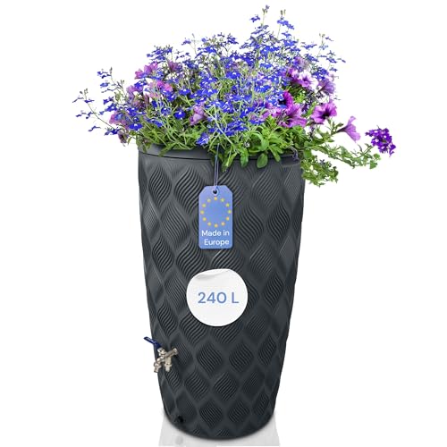 YourCasa Regentonne 240 Liter [Seabreeze] Regenfass Frostsicher aus Kunststoff mit Wasserhahn - Regenwassertonne - Wasserfass Regenwassertank Wassertonne für Garten (Anthrazit Mit Wasserhahn) von YourCasa