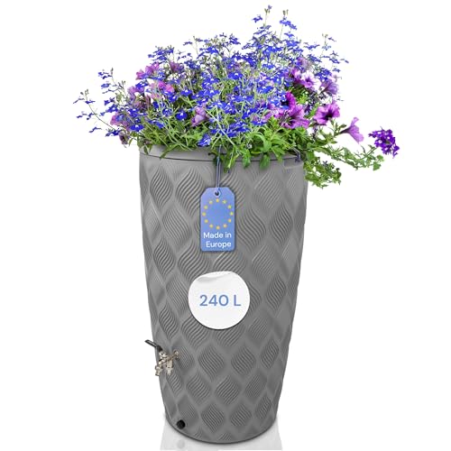 YourCasa Regentonne 240 Liter [Seabreeze] Regenfass Frostsicher aus Kunststoff mit Wasserhahn - Regenwassertonne - Wasserfass Regenwassertank Wassertonne für Garten (Grau Mit Wasserhahn) von YourCasa