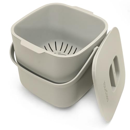 YourCasa Biomülleimer Küche - 7L - Komposteimer für alltäglichen Biomüll Behälter - Spülmaschinenfest - Geruchsdicht - Sieb - Bio Mülleimer klein mit Deckel Eimer Bioabfallbehälter Biotonne (Beige) von YourCasa