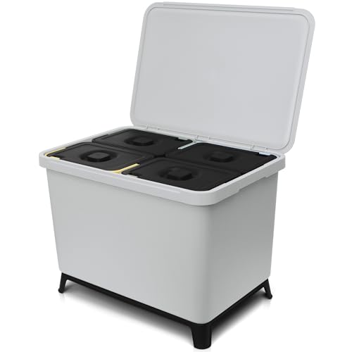 YourCasa Mülleimer Küche 4 Fächer [40L] im exklusiven Design - Mülltrennsystem mit Deckel und Fuß - Abfalleimer groß mit 4x10L herausnehmbaren Eimern Küchenabfalleimer Recycling (Hellgrau, 40 Liter) von YourCasa