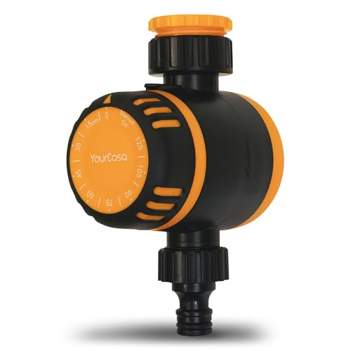 YourCasa Bewässerungsuhr MECHANISCH mit Filter [120 Min] - Zeitschaltuhr mit Schlauchkupplung zur Bewässerung - Wasserhahn Garten Wasser Zeitschaltuhr Bewässerungsautomat Wasserzeitschaltuhr (Orange) von YourCasa