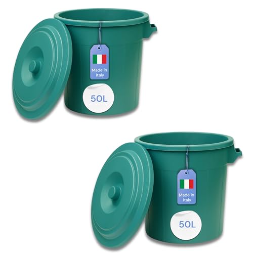 YourCasa Mülltonne 2 x 50L - Mülleimer mit Deckel - Tonne mit Trageriffen für Garten - Futtertonne oder Regentonne klein - Wassertonne Abfalltonne - kleine Universaltonne (Grün, 2 x 50L) von YourCasa