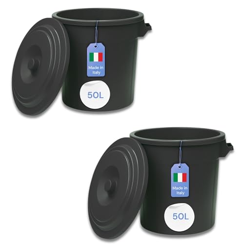 YourCasa Mülltonne 2 x 50L - Mülleimer mit Deckel - Tonne mit Trageriffen für Garten - Futtertonne oder Regentonne klein - Wassertonne Abfalltonne - kleine Universaltonne (Schwarz, 2 x 50L) von YourCasa