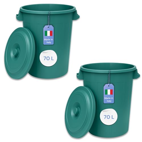 YourCasa Mülltonne 2 x 70L - Mülleimer mit Deckel - Tonne mit Trageriffen für Garten - Futtertonne oder Regentonne klein - Wassertonne Abfalltonne - kleine Universaltonne (Grün, 2 x 70 Liter) von YourCasa