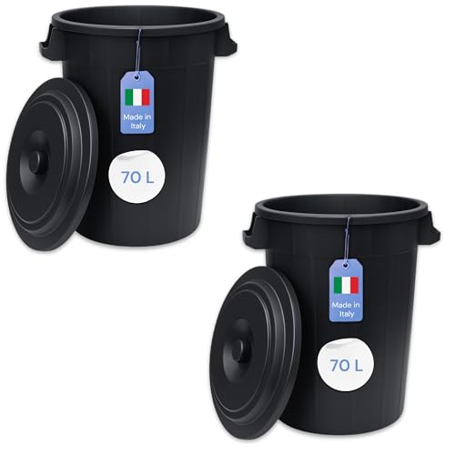 YourCasa Mülltonne 2 x 70L - Mülleimer mit Deckel - Tonne mit Trageriffen für Garten - Futtertonne oder Regentonne klein - Wassertonne Abfalltonne - kleine Universaltonne (Schwarz, 2 x 70 Liter) von YourCasa