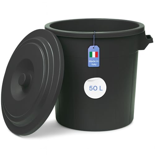 YourCasa Mülltonne 50L - Mülleimer mit Deckel verschließbar - Tonne mit Trageriffen für Garten - Futtertonne oder Regentonne klein - Wassertonne Abfalltonne - kleine Universaltonne (Schwarz, 50L) von YourCasa