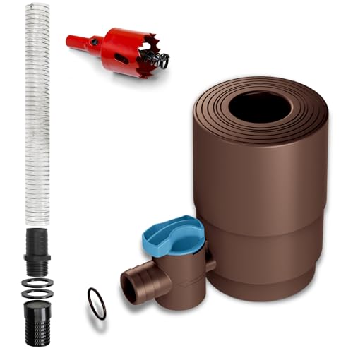 YourCasa Regensammler Set [Downpipe] mit Verbindungsschlauch 30cm & Regentonnendurchführung - Absperrhahn und Filter zum Verbinden von Fallrohr 68-100mm DN100 Regentonne Regenwassersammler (Braun) von YourCasa