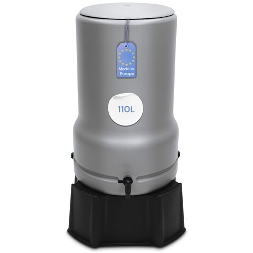 YourCasa Regentonne 110L [RainBell] mit Standfuss, Deckel & Wasserhahn - Regenfass Frostsicher aus Kunststoff - Regenwassertonne - Regenwassertank Garten Wassertank Regensammler Wasserfass (Grau,110L) von YourCasa