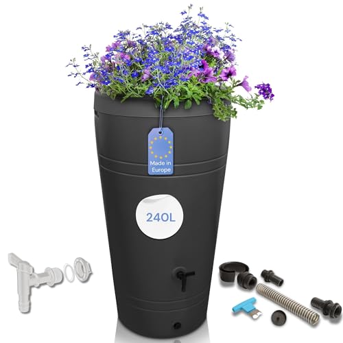 YourCasa Regentonne 230 Liter [Decore] inkl. Anschlusset - Regenfass Frostsicher aus Kunststoff mit Wasserhahn - Regenwassertonne - Wasserfass Regenwassertank Wassertonne für Garten (Anthrazit) von YourCasa