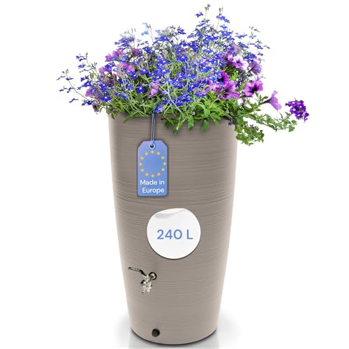 YourCasa Regentonne 240 Liter [Aquasplash] Messing Wasserhahn & Deckel - Regenfass Frostsicher aus Kunststoff - Regenwassertonne - Regenwassertank Garten Wassertank Regensammler Wasserfass (Creme) von YourCasa