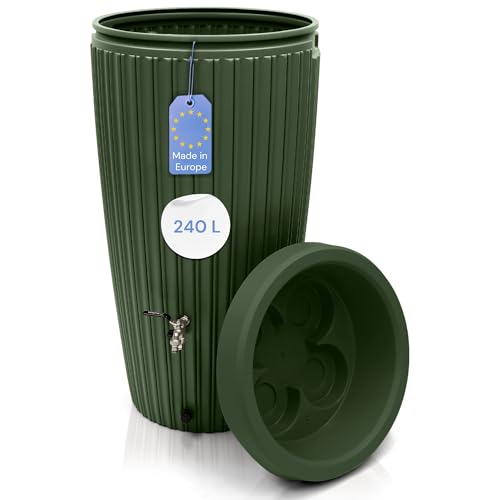 YourCasa Regentonne 240 Liter [RainCatcher] Messing Wasserhahn & Deckel - Regenfass Frostsicher aus Kunststoff - Regenwassertonne - Regenwassertank Garten Wassertank Regensammler Wasserfass (Forest) von YourCasa