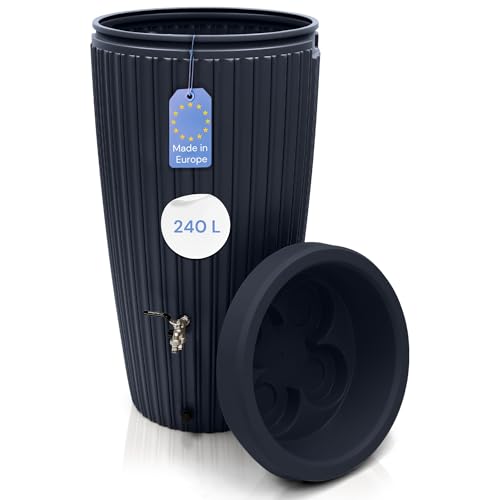 YourCasa Regentonne 240 Liter [RainCatcher] Messing Wasserhahn & Deckel - Regenfass Frostsicher aus Kunststoff - Regenwassertonne - Regenwassertank Garten Wassertank Regensammler Wasserfass (Graphite) von YourCasa