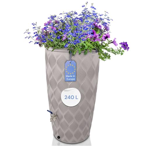 YourCasa Regentonne 240 Liter [Seabreeze] Regenfass Frostsicher aus Kunststoff mit Wasserhahn - Regenwassertonne - Wasserfass Regenwassertank Wassertonne für Garten (Creme Mit Wasserhahn) von YourCasa