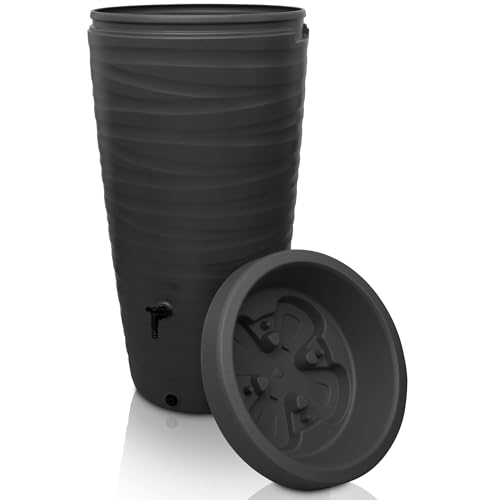 YourCasa Regentonne 240 Liter [Wave Design] Regenfass Frostsicher aus Kunststoff - Regenwassertonne mit Wasserhahn - Regenwassertank Garten Regenwassersammler Wasserfass Regentonne schmal (Anthrazit) von YourCasa