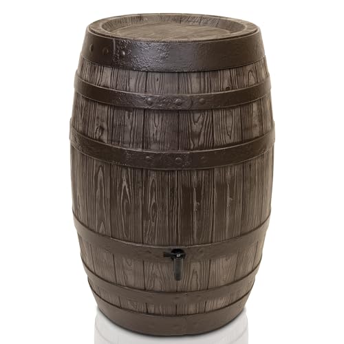 YourCasa Regentonne 250 Liter [Barrel] mit windsicherem Deckel - Regenfass Frostsicher aus Kunststoff in Holzoptik - Regenwassertonne - Regenwassertank Garten - Holz Weinfass Wasserfass Holzfass von YourCasa