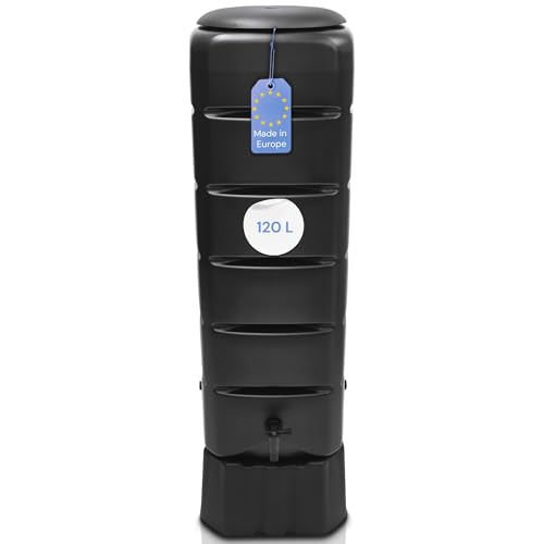 YourCasa Regentonne [Tower] 120L mit Standfuss, Deckel & Wasserhahn - Regenfass Frostsicher aus Kunststoff - Regenwassertonne - Regenwassertank Garten Wassertank Regensammler (Anthrazit) von YourCasa