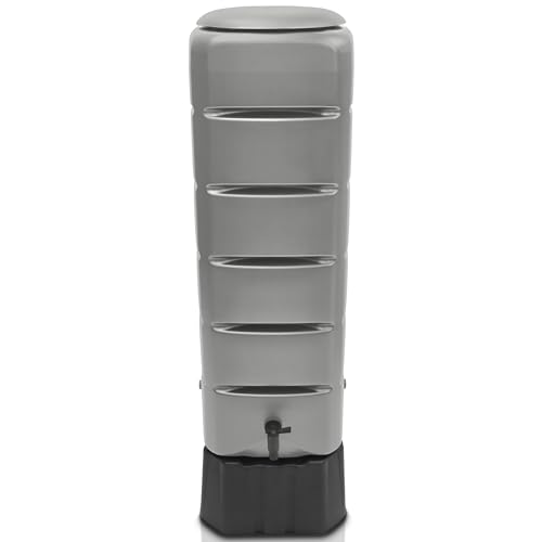 YourCasa Regentonne [Tower] 120L mit Standfuss, Deckel & Wasserhahn - Regenfass Frostsicher aus Kunststoff - Regenwassertonne - Regenwassertank Garten Wassertank Regensammler (Grau) von YourCasa