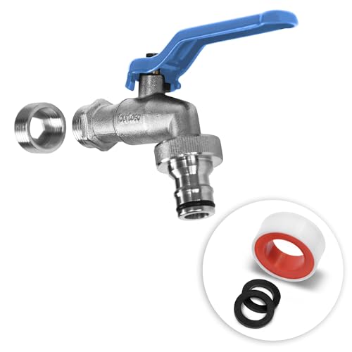 YourCasa Wasserhahn Garten 1/2 Zoll & 3/4 Zoll aus Messing inkl. Schlauchanschlss & Dichtband - Kugelhahn Aussen Frostsicher - Auslaufhahn Regentonne Außenwasserhahn Auslaufventil (Blau Einfach) von YourCasa